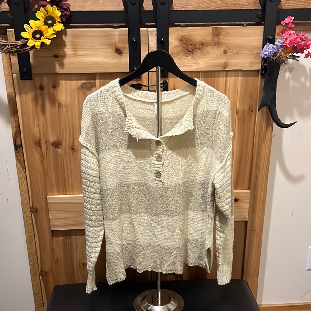 Wishlist Ivory and Gray Stripe V-Neck Sweater with Button Accents